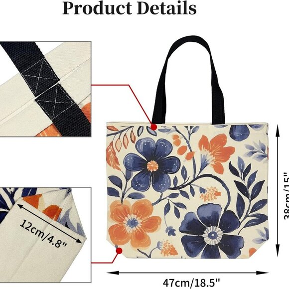 Brand New Large Floral Tote Bag 12Oz Heavy Duty Canvas Gift for Daily Use (78 ch - Picture 3 of 8